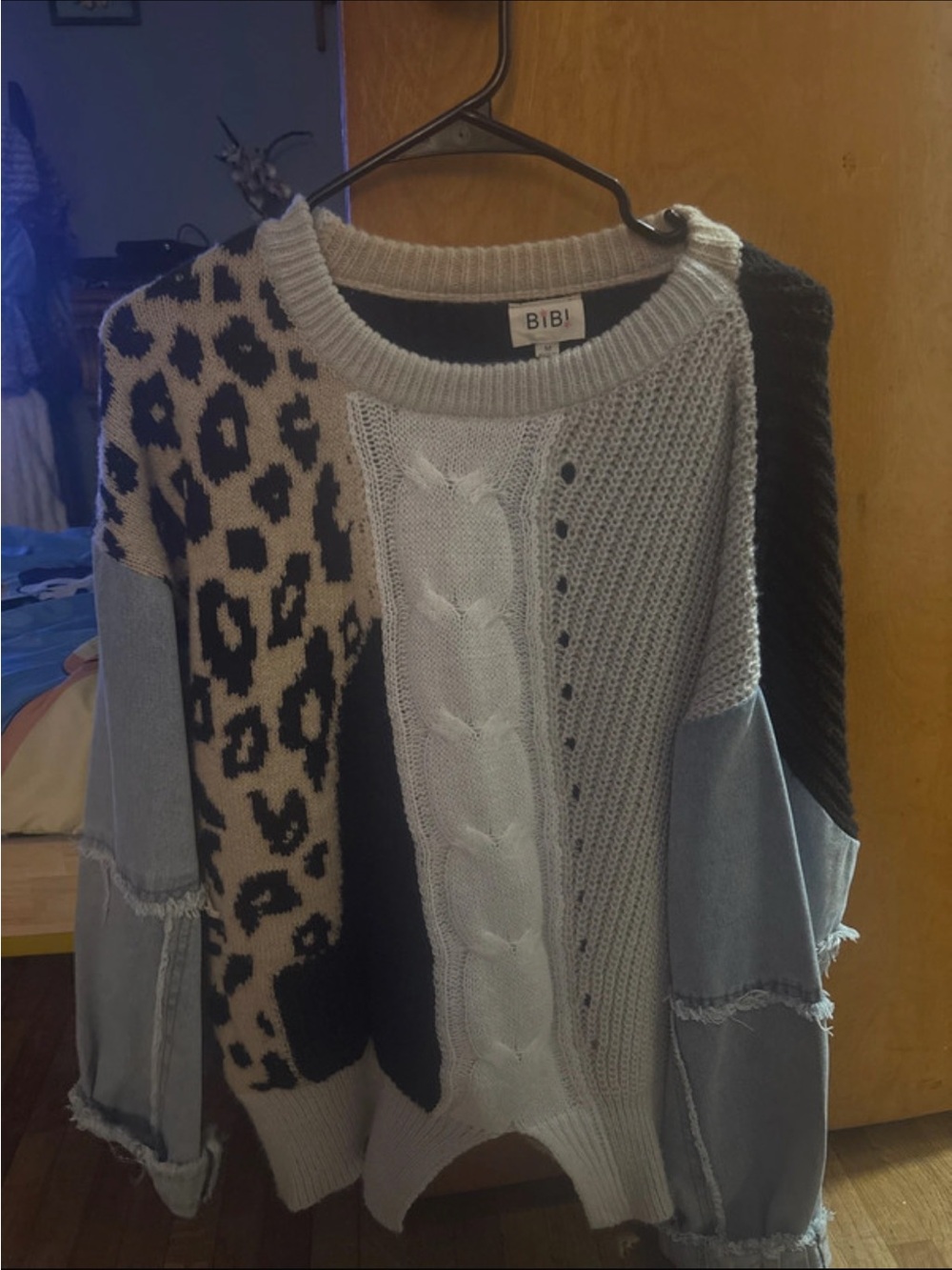 BiBi Multi-Panel Leopard Cable-Knit Scoop Sweater in Gray, Black, Beige